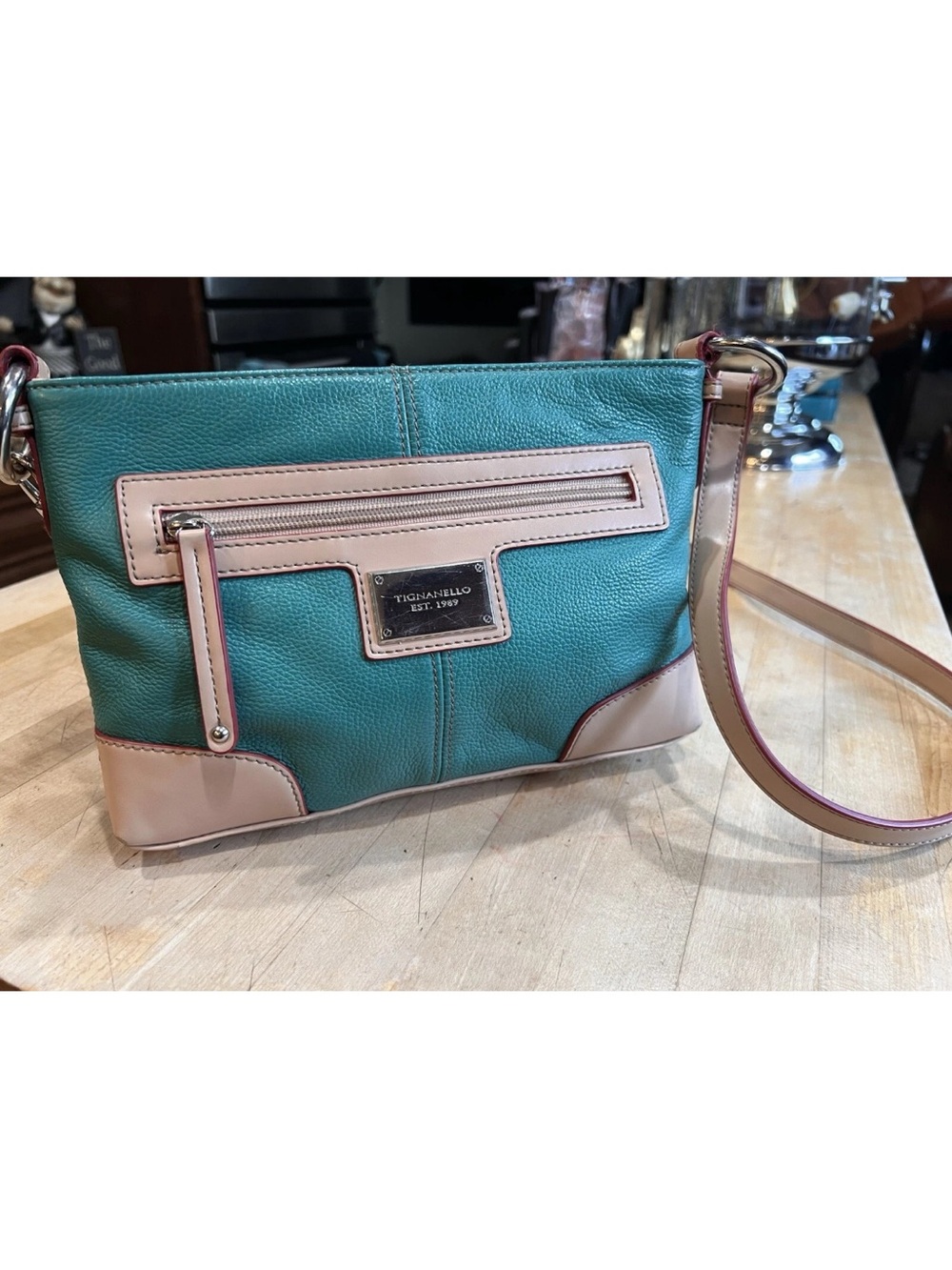 Tignanello Teal with Beige Trim Leather Crossbody